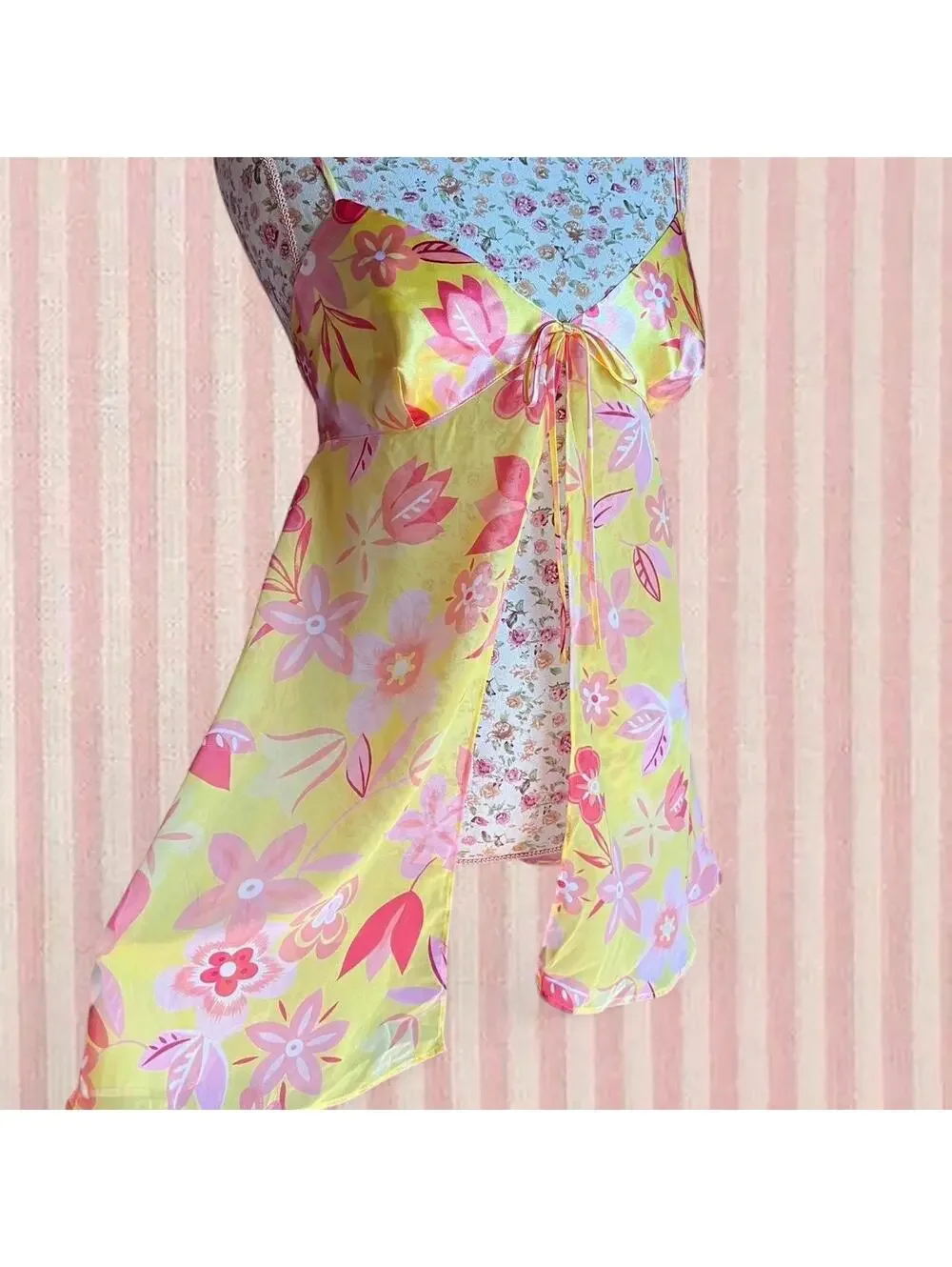 y2k vintage yellow floral babydoll dress and thong set